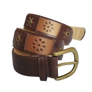 Y2k Faux Leather Belt Boho Embellished Brown Brass Buckle Large